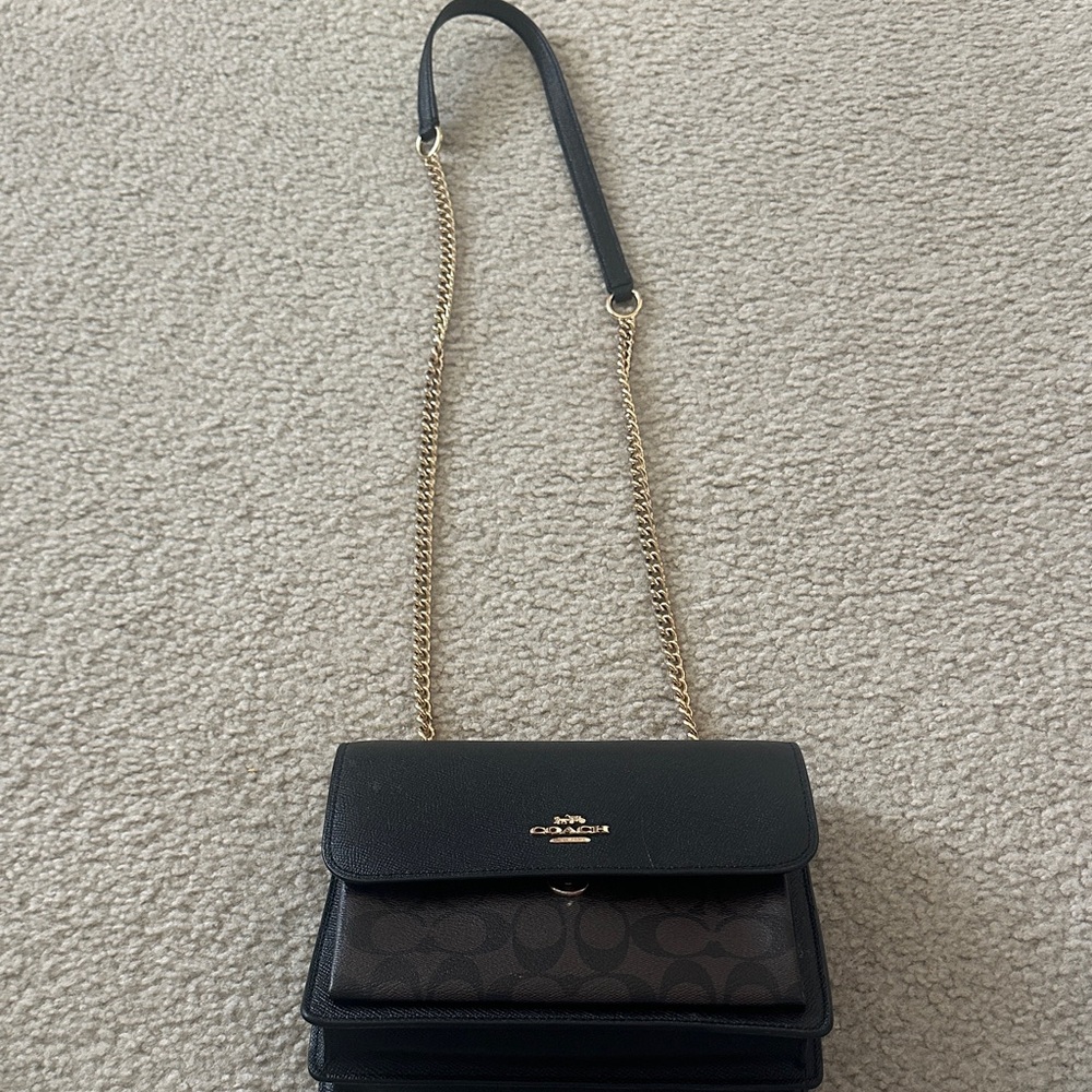 Coach Black and Brown Crossbody with Gold Chain